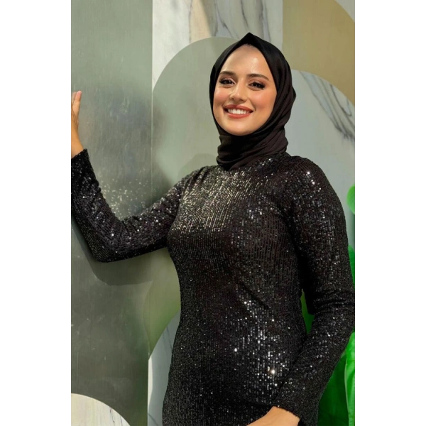 Pul Payet İşlemeli Balık Abiye Elbise 3872 Siyah
