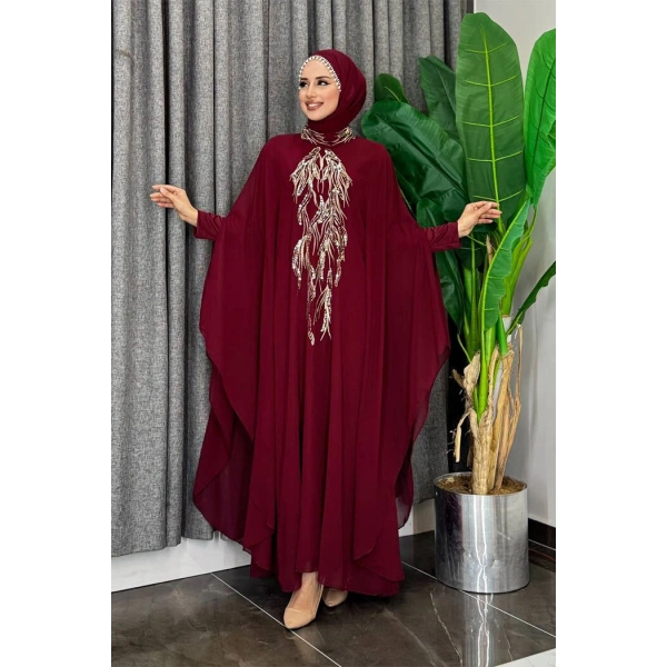 Pul Payet İşlemeli Şifon Pelerinli Elbiseli Abiye Takım 3774 Bordo