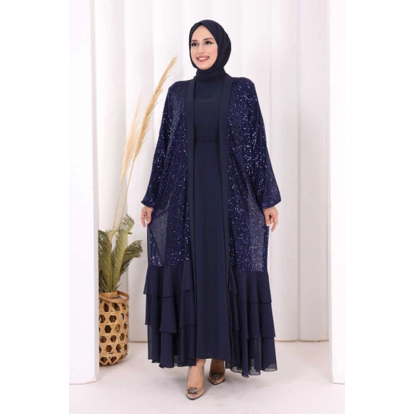 Pulpayet İşlemeli Abaya ve Elbise Takım 8483 Lacivert