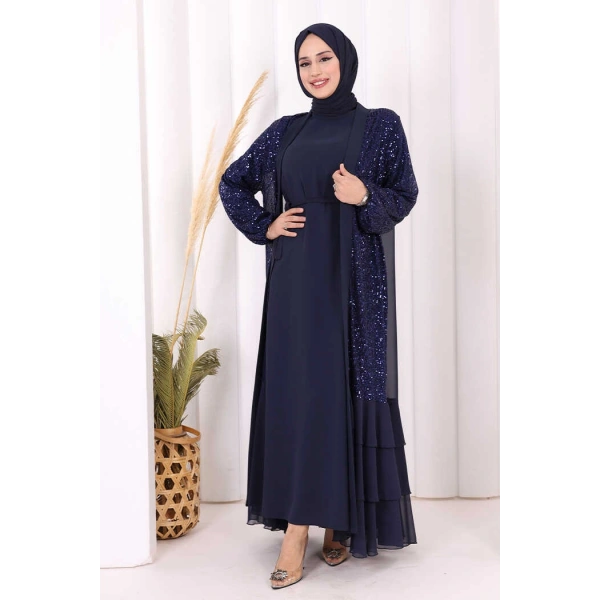 Pulpayet İşlemeli Abaya ve Elbise Takım 8483 Lacivert