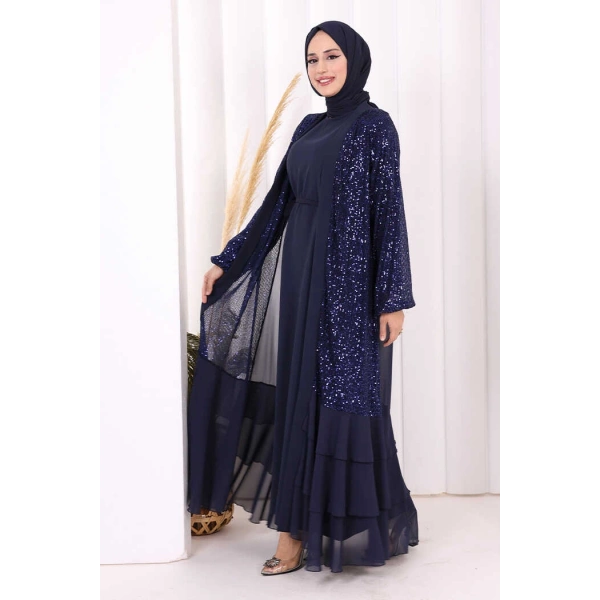 Pulpayet İşlemeli Abaya ve Elbise Takım 8483 Lacivert