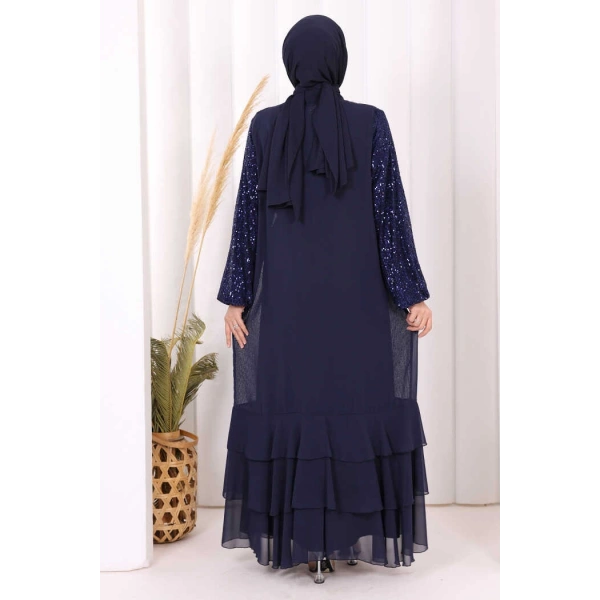 Pulpayet İşlemeli Abaya ve Elbise Takım 8483 Lacivert