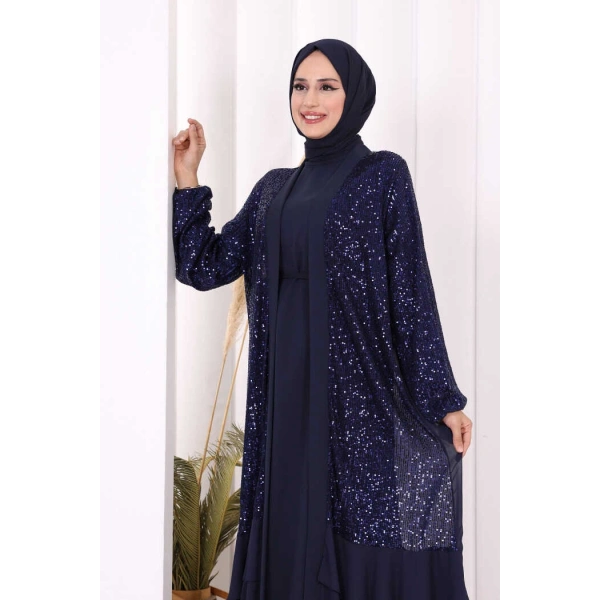 Pulpayet İşlemeli Abaya ve Elbise Takım 8483 Lacivert