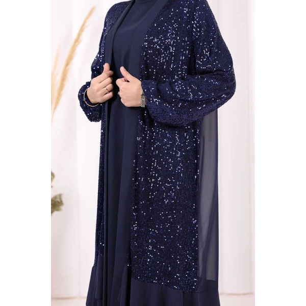 Pulpayet İşlemeli Abaya ve Elbise Takım 8483 Lacivert