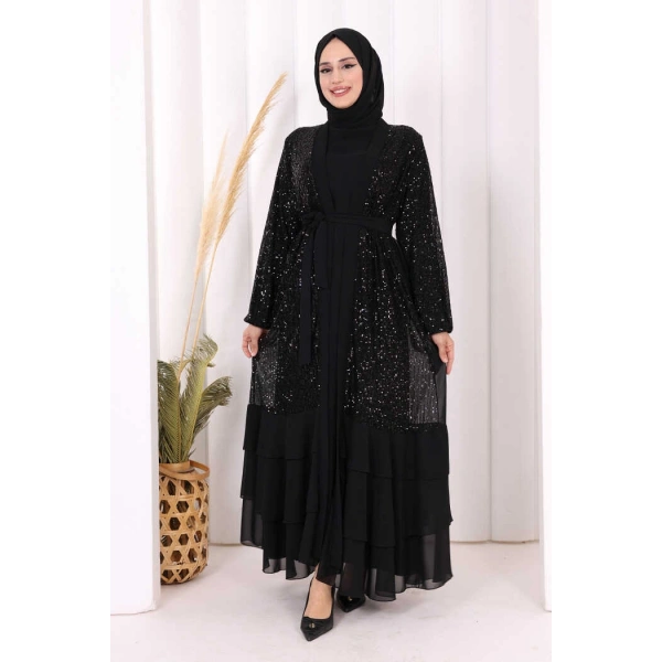 Pulpayet İşlemeli Abaya ve Elbise Takım 8483 Siyah