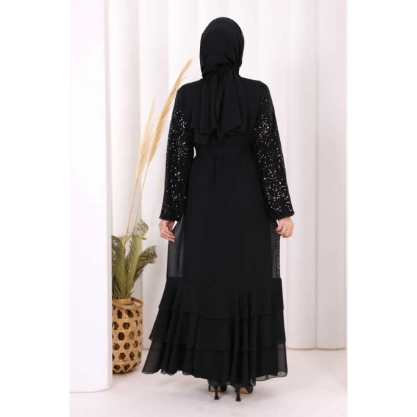 Pulpayet İşlemeli Abaya ve Elbise Takım 8483 Siyah
