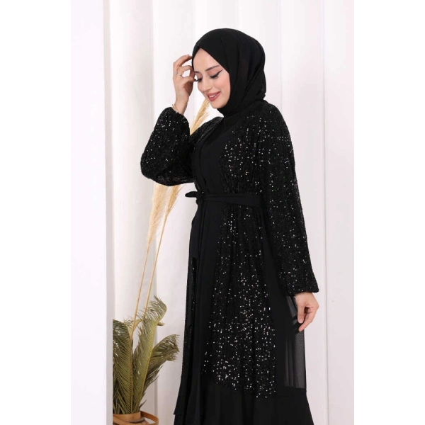 Pulpayet İşlemeli Abaya ve Elbise Takım 8483 Siyah