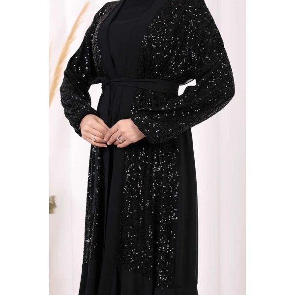 Pulpayet İşlemeli Abaya ve Elbise Takım 8483 Siyah