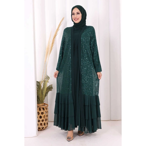 Pulpayet İşlemeli Abaya ve Elbise Takım 8483 Zümrüt