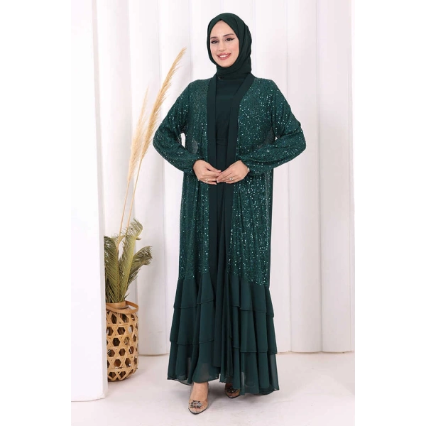Pulpayet İşlemeli Abaya ve Elbise Takım 8483 Zümrüt