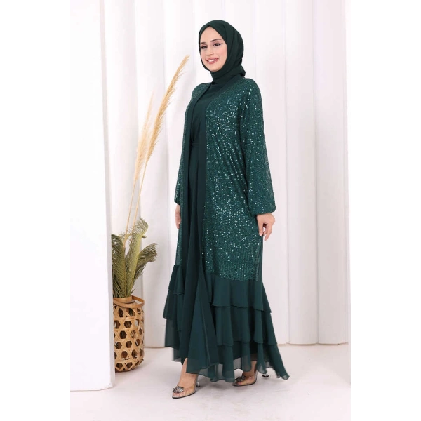 Pulpayet İşlemeli Abaya ve Elbise Takım 8483 Zümrüt