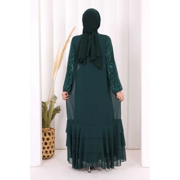 Pulpayet İşlemeli Abaya ve Elbise Takım 8483 Zümrüt