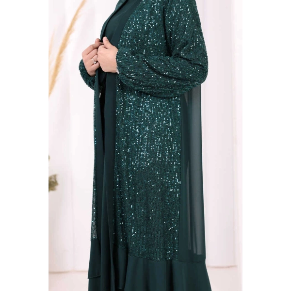 Pulpayet İşlemeli Abaya ve Elbise Takım 8483 Zümrüt