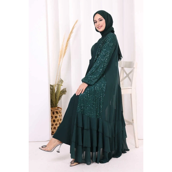 Pulpayet İşlemeli Abaya ve Elbise Takım 8483 Zümrüt