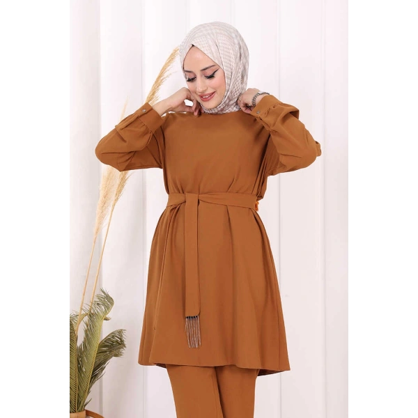 Püskül Detaylı Tunikli Pantolon İkili Takım 8424 Taba