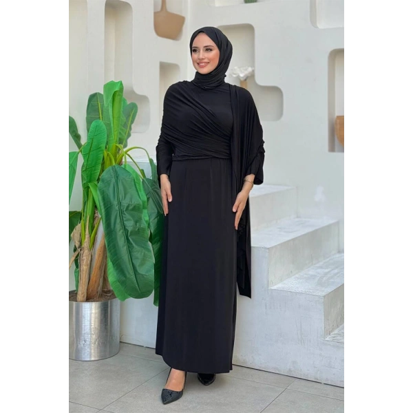 Şallı Drape Detaylı Sandy Elbise 3922 Siyah