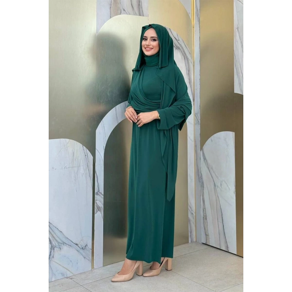 Şallı Drape Detaylı Sandy Elbise 3922 Zümrüt