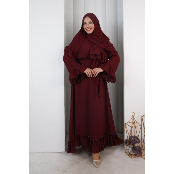 Şallı Fırfırlı Elbise 6085 Bordo