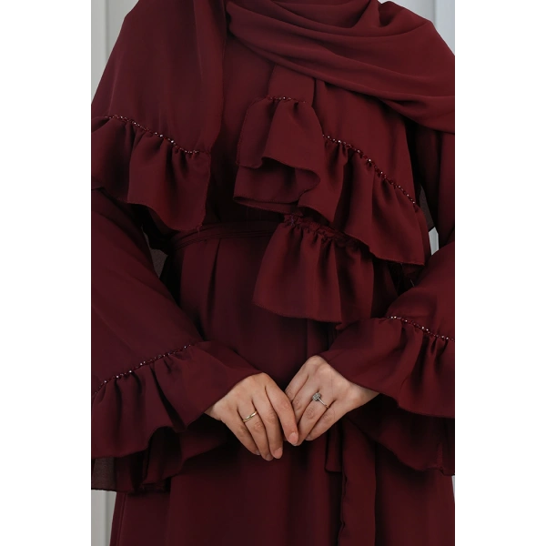 Şallı Fırfırlı Elbise 6085 Bordo