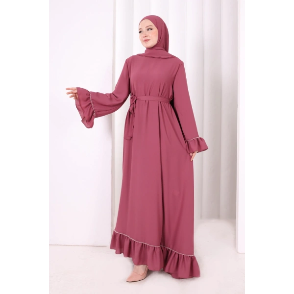 Şallı Fırfırlı Elbise 6085 Gül Kurusu