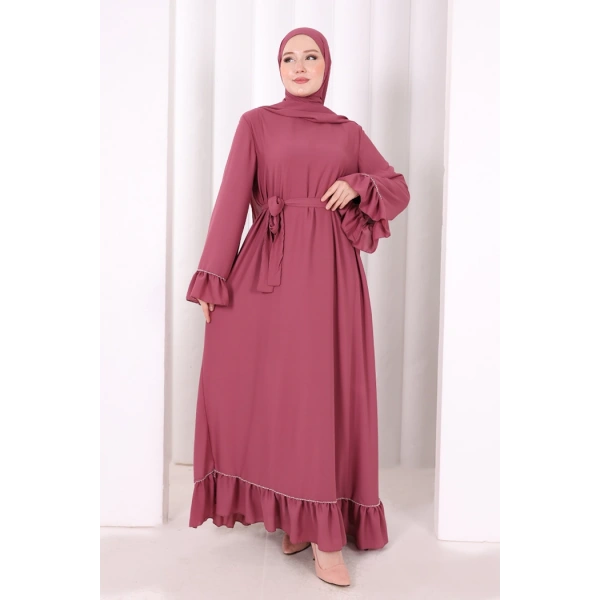 Şallı Fırfırlı Elbise 6085 Gül Kurusu