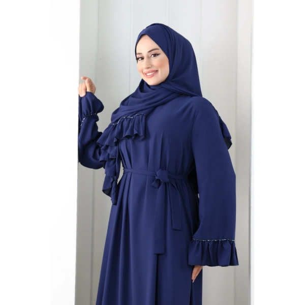 Şallı Fırfırlı Elbise 6085 Lacivert