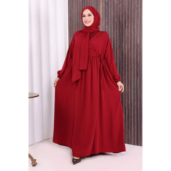 Şallı Kruvaze Namaz Elbisesi  6027 Bordo