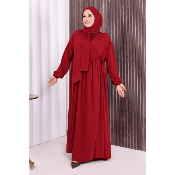 Şallı Kruvaze Namaz Elbisesi  6027 Bordo