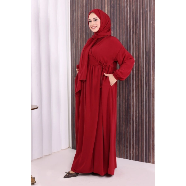 Şallı Kruvaze Namaz Elbisesi  6027 Bordo