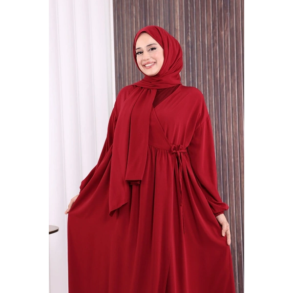 Şallı Kruvaze Namaz Elbisesi  6027 Bordo