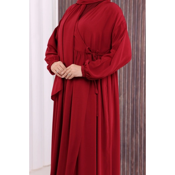 Şallı Kruvaze Namaz Elbisesi  6027 Bordo