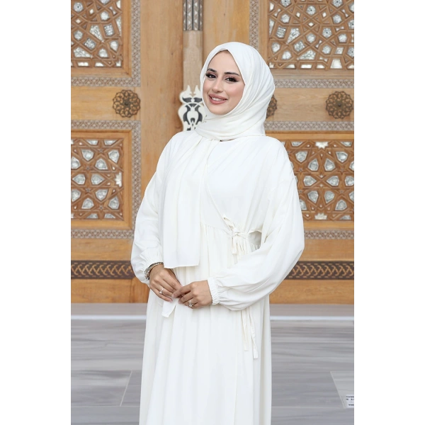 Şallı Kruvaze Namaz Elbisesi  6027 Ekru