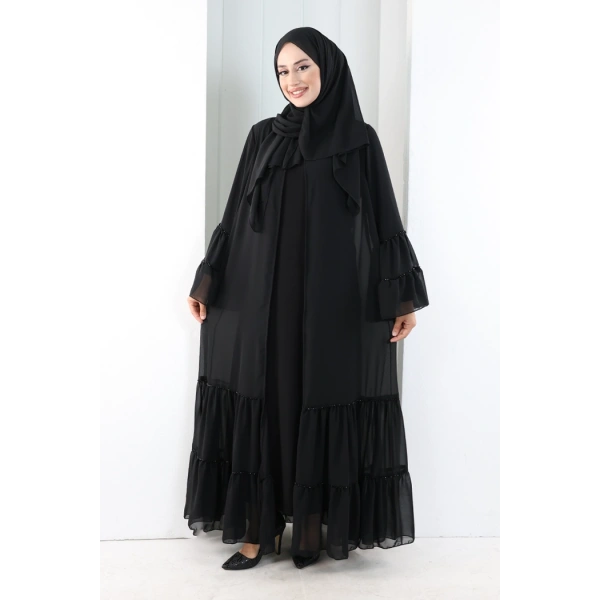 Şallı Taşlı Abaya 7094 Siyah