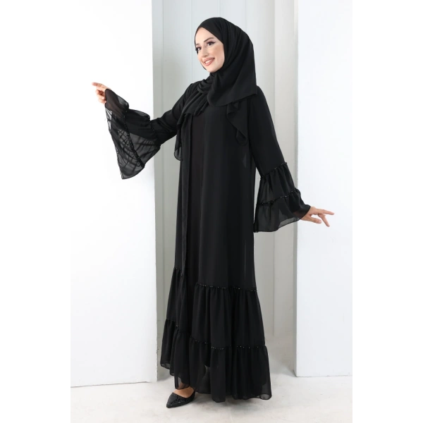 Şallı Taşlı Abaya 7094 Siyah