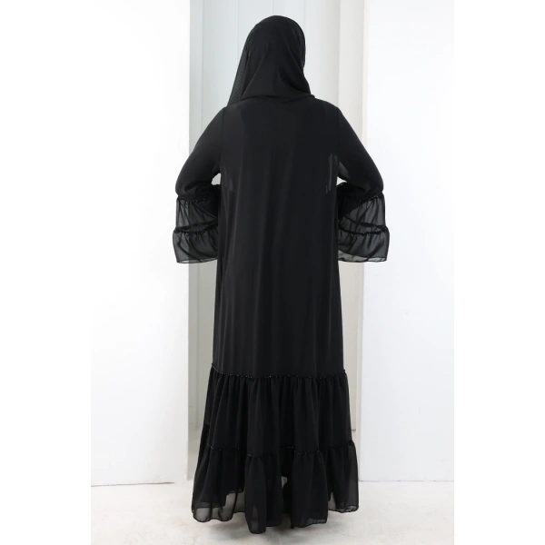 Şallı Taşlı Abaya 7094 Siyah