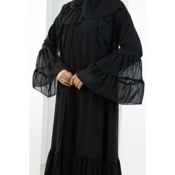 Şallı Taşlı Abaya 7094 Siyah