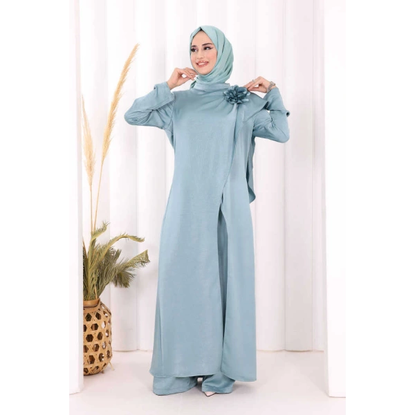 Saten Gül Broşlu Uzun Tunik Pantolon İkili Takım 8010 Mint