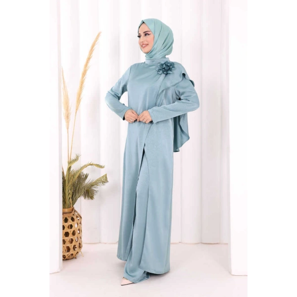 Saten Gül Broşlu Uzun Tunik Pantolon İkili Takım 8010 Mint