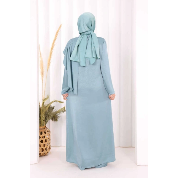Saten Gül Broşlu Uzun Tunik Pantolon İkili Takım 8010 Mint