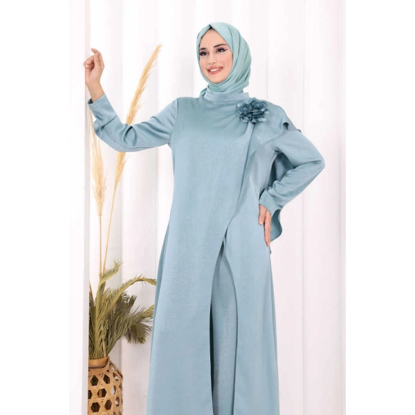 Saten Gül Broşlu Uzun Tunik Pantolon İkili Takım 8010 Mint