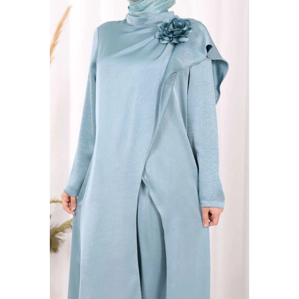 Saten Gül Broşlu Uzun Tunik Pantolon İkili Takım 8010 Mint