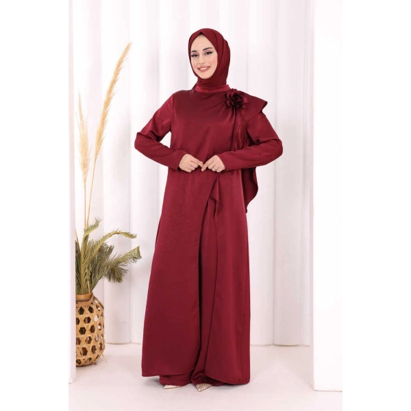 Saten Gül Broşlu Uzun Tunik Pantolon İkili Takım 8010 Mürdüm