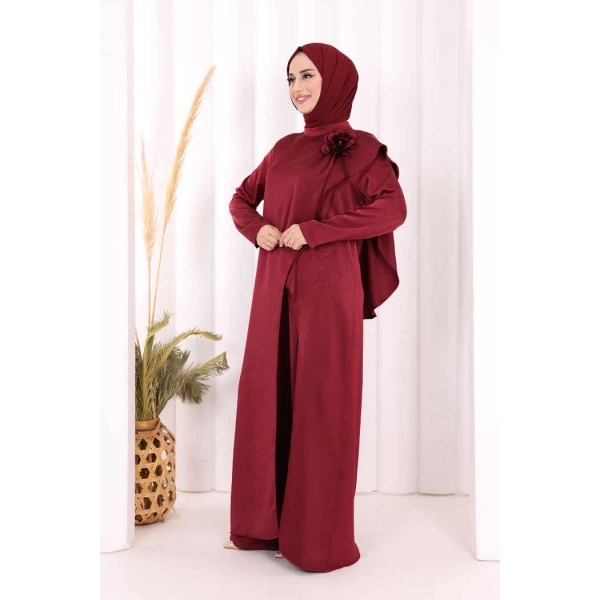 Saten Gül Broşlu Uzun Tunik Pantolon İkili Takım 8010 Mürdüm