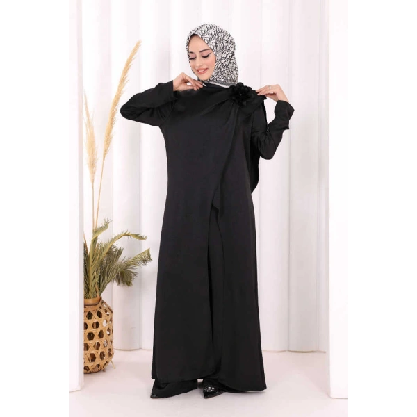 Saten Gül Broşlu Uzun Tunik Pantolon İkili Takım 8010 Siyah