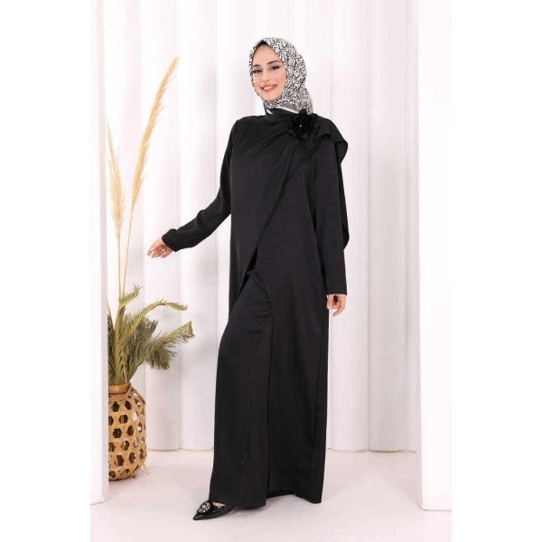 Saten Gül Broşlu Uzun Tunik Pantolon İkili Takım 8010 Siyah