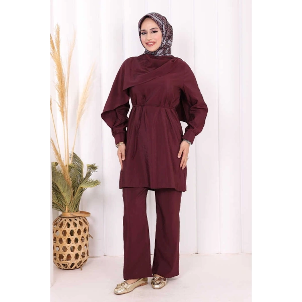 Sedef Kumaş Tunik Pantolon İkili Takım 8693 Bordo
