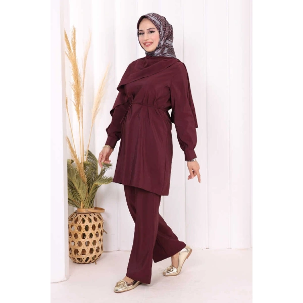 Sedef Kumaş Tunik Pantolon İkili Takım 8693 Bordo
