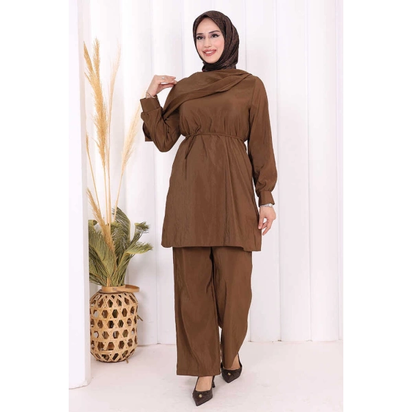 Sedef Kumaş Tunik Pantolon İkili Takım 8693 Kahverengi