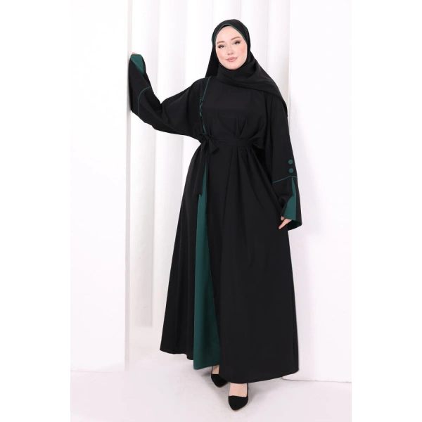 Şerit Düğme Detaylı Elbise 6098 Zümrüt
