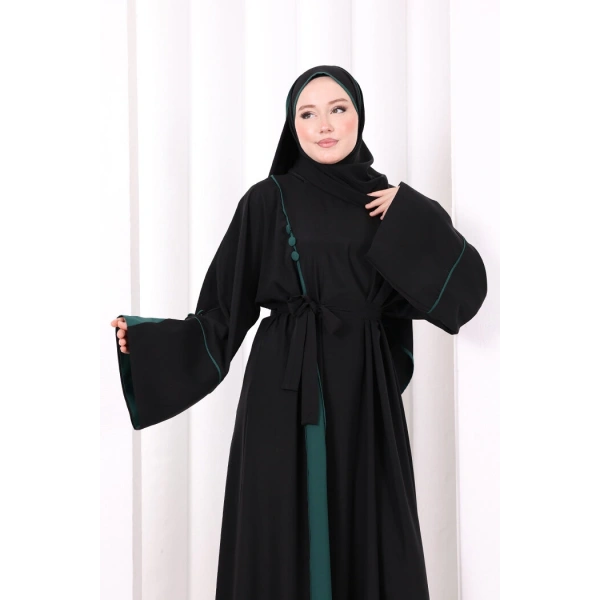 Şerit Düğme Detaylı Elbise 6098 Zümrüt